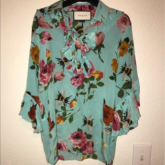 Gucci Couture Ruffle Turquoise Floral Blouse - Picture 4 of 8